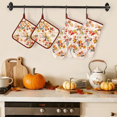 Набір із 2 різдвяних рукавичок для духовки та прихваток Arquiel, 100 бавовняні кулінарні рукавички, термостійкі кухонні рукавички для приготування їжі, різдвяні подарунки для жінок (птахи, рукавички для духовки*2 прихватки*2)