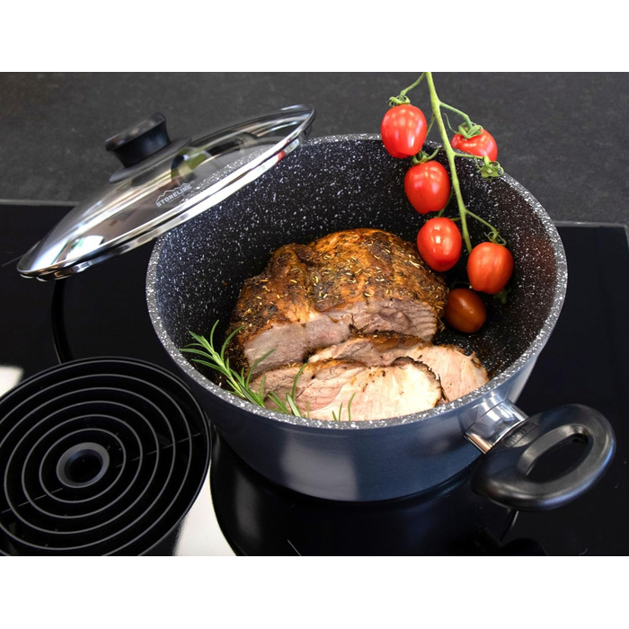 Каструля STONELINE XXL з литого алюмінію, велика, з кришкою, 7 л, антипригарне покриття зі справжніми кам&39яними частинками, індукційний посуд для всіх типів варильних поверхонь, духовка, приготування їжі без жиру та олії, сірий (24 см)