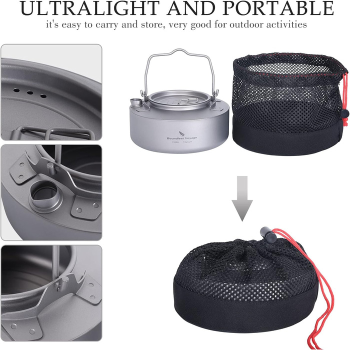 Титановий чайник для кемпінгу 700 мл. зі складною ручкою iBasingo