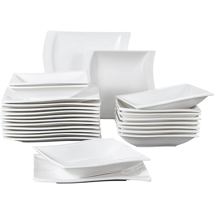 Серія Flora, 30 шт. Мармуровий порцеляновий набір посуду комбінований столовий сервіз з 6 кавовими чашками, 6 блюдцями, 6 десертними тарілками, 6 суповими тарілками та 6 плоскими тарілками (білі, 24 шт. комбінованого обслуговування)