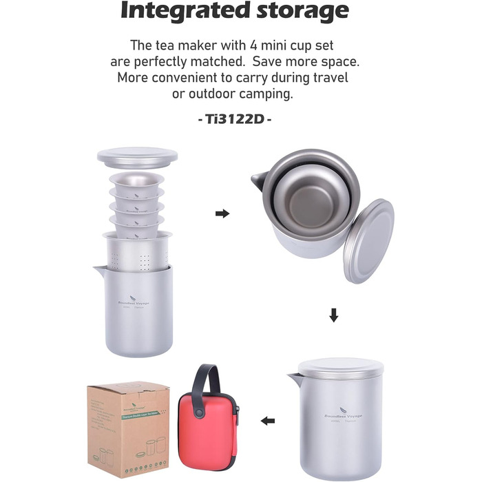 Титановая кофейная кружка с двойными стенками, легкий чайник с фильтром, посуда для кемпинга (Ti3122d-400 мл 40 мл, 4 чашки)