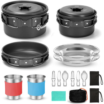 Набір посуду Odoland з каструлями та сковородою, розбірна чашка для столових приборів, на 1-2 особи, легкий та компактний для кемпінгу, походу, пікніка (кемпінговий посуд)