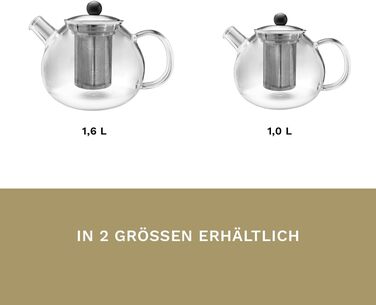 Скляний чайник Creano 1.3 л, скляний чайник із 3 частин із вбудованим ситечком з нержавіючої сталі та скляною кришкою, ідеально підходить для приготування сипучих чаїв, без крапель, все-в-одному (1,0 л)