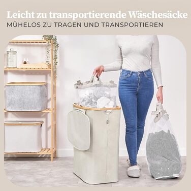 Ящик для белья Hennez 150 л - Корзина для белья 3 отделения - Крышка - Сортировщик белья с мешком для белья - Корзины для белья - бежевый бамбук - Контейнер для белья - Система сортировки белья - Сборник для белья 4) 150л Бежевый