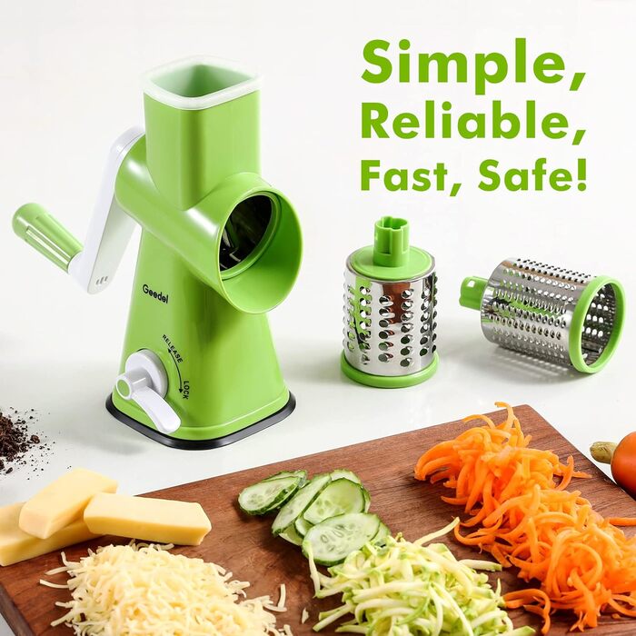 Терка для сиру, Ручна барабанна тертка з 3 знімними барабанними лезами, Овочерізка для швидкого різання, ідеально підходить як терка для картоплі, Терка для горіхів з рукояткою, Подрібнювач горіхів, Подрібнювач мигдалю (Зелений)