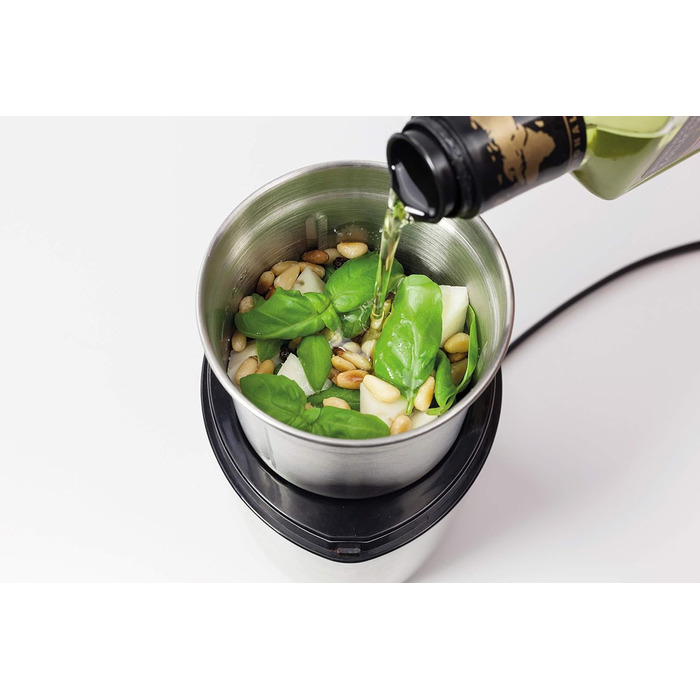 Електрична кавомолка з нержавіючої сталі, подрібнювач з додатковим контейнером з нержавіючої сталі для песто, горіхів, спецій, трав і багато іншого, 200 Вт, сріблястий контейнер з нержавіючої сталі з 4-кратним ножем