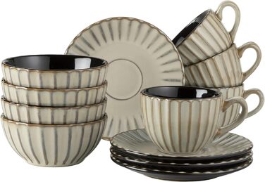 Набір посуду MSER 931966 серії Confino на 4 персони в сучасному вінтажному вигляді, сервіз посуду для сніданку з 12 предметів з кераміки з чорними вставками, керамограніт (бежевий, кавовий сервіз)