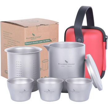 Безмежна подорож Подвійна стінка з титановою чашкою Кавова чашка Легкий чайник з фільтром Кемпінговий посуд (Ti3121d-400 мл 45 мл 3 чашки)