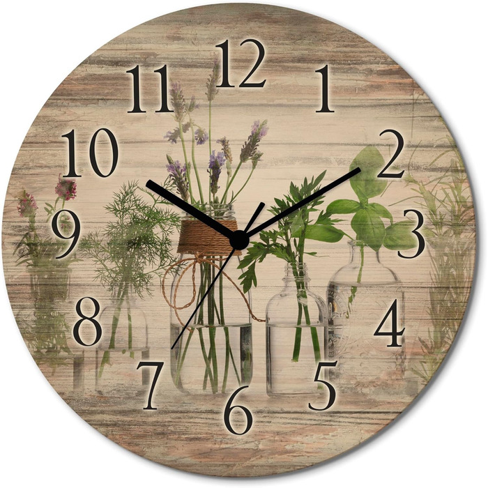 Настінний декор ARTLAND настінний годинник з дерева без цокання безшумний круглий Ø 30 см кухонний годинник кава капучино круасан T5XO Капучино та круасан (трави у пляшечках, кварцовий годинник)