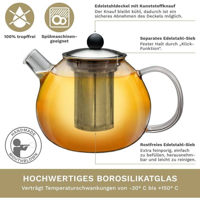 Скляний чайник Creano 1.3 л, скляний чайник із 3 частин із вбудованим ситечком з нержавіючої сталі та скляною кришкою, ідеально підходить для приготування сипучих чаїв, без крапель, все-в-одному (1,0 л)