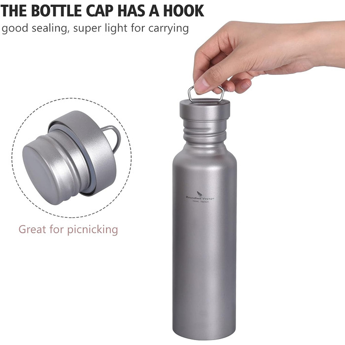 Титанова пляшка для пиття з широким горлом і герметичною кришкою та гачком 750 мл. iBasingo