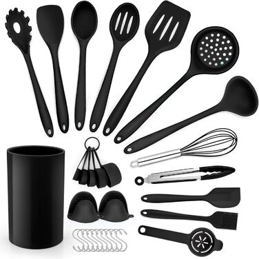 Силиконовый Набор Кухонных Гаджетов, 30 Предметов Кухонная Утварь С Держателем, Термостойкий Набор Кухонных Инструментов Для Антипригарной Посуды Сковороды, Шпатели, Щипцы 10 Крючков, Сейф Для Посудомоечной Машины - Черный