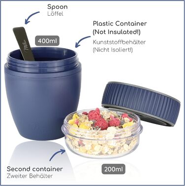 Стаканчик для пластівців Milu 400 мл з назвою MsliMax для йогурту герметичний стаканчик з ложкою (темно-синій, пластиковий)