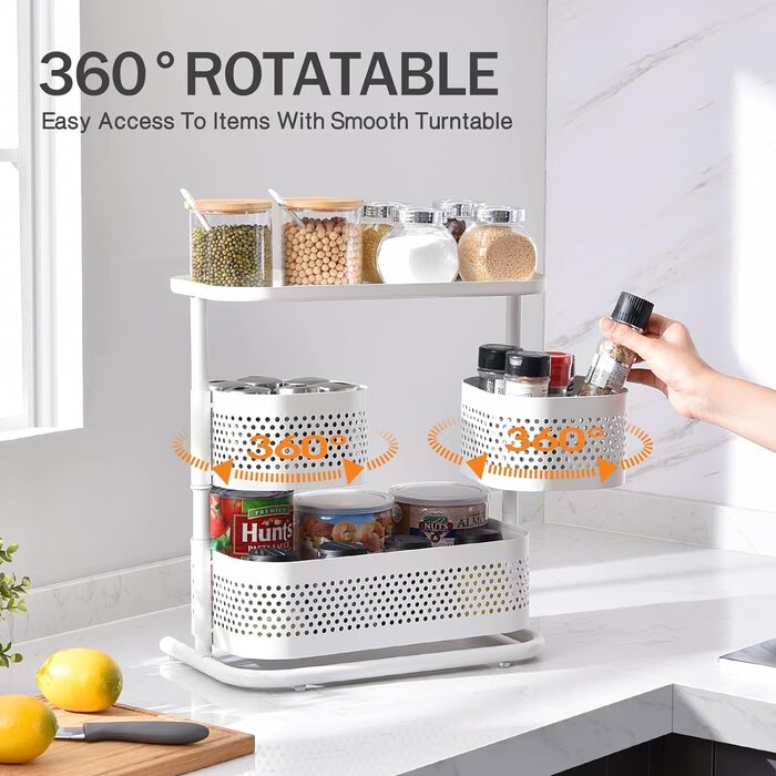 Стойка для специй APEXCHASER, 3-уровневый вращающийся держатель для специй, вращающийся на 360 хранилище для специй, металлический кухонный органайзер для бутылки специй, банки для специй 35 * 19 * 37,5 см (высокий, белый)