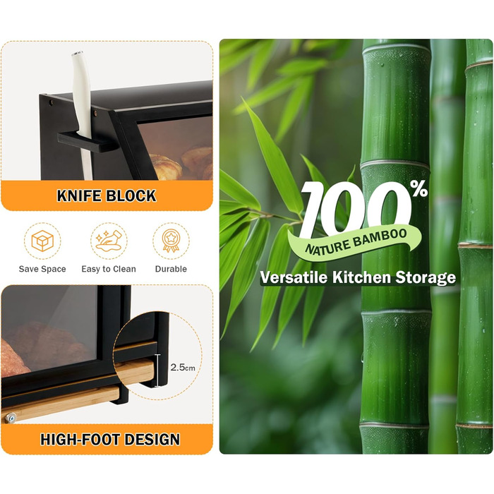 Хлібниця з обробною дошкою з бамбука чорна 39 x 26 x 32,5 см YOUDENOVA