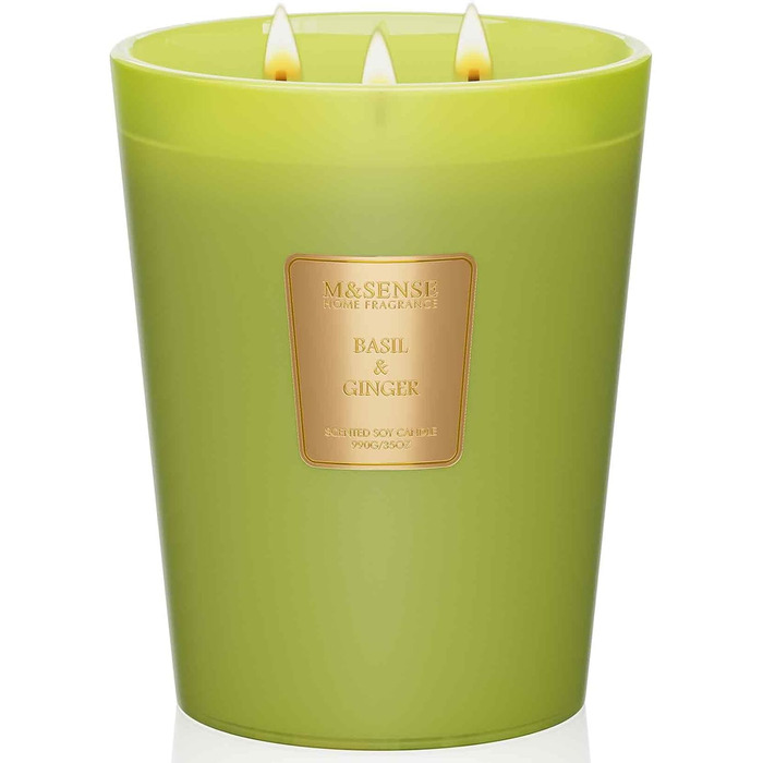 Ароматична свічка M&SENSE надзвичайно велика, час горіння 150 годин, натуральна ароматерапевтична свічка з 3 гнітами, сильний аромат, тривале горіння, подарункова свічка та прикраса для дому, подарунки для жінок (990 г, базилік-імбир)