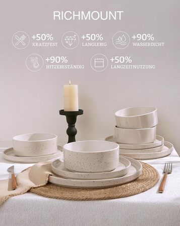 Набір посуду Richmount Nebula для 6 осіб, набір тарілок та мисок із 18 предметів, набір посуду з крапчастої кераміки, можна мити в мікрохвильовій печі та посудомийній машині, сервіз Nebula для 6 осіб (кремово-білі цятки, сервіз Nebula для 4 осіб)