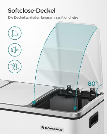Кухонний контейнер для сміття SONGMICS, 3 x 18 л, система розділення сміття, 3 відділення, включаючи 15 мішків для сміття, відро для сміття, відро для сміття з педаллю, для вторинної переробки, органічні відходи, з кришкою, LTB54BK (білий хмара)