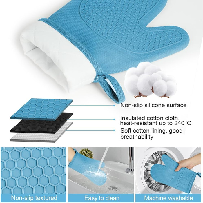 Набір рукавичок для духовки AUAUY, 1 пара силіконових рукавичок для духовки з 2 тримачами для каструль, нековзні кулінарні рукавички, термостійкі рукавички для духовки, рукавички для кухні, приготування їжі, випічки, гриля, барбекю (сині)