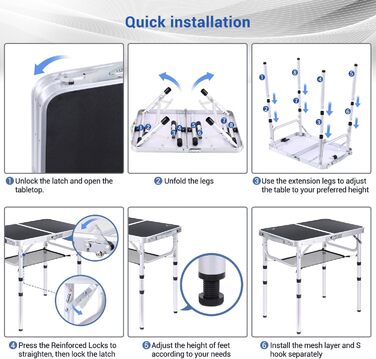 Складаний кемпінговий стіл з 3 рівнями висоти 60 х 40 см чорний Sportneer
