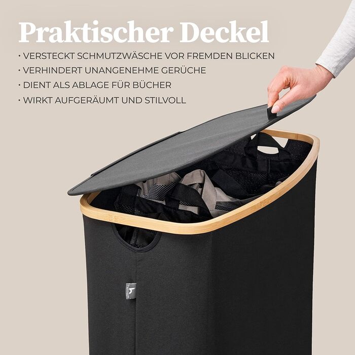 Ящик для білизни Hennez 150 л - Кошик для білизни 3 відділення - з кришкою - Сортувальник білизни з мішком для білизни - Кошики для білизни - Чорний бамбук - Контейнер для білизни - Система сортування білизни - Збірник білизни 2) Чорний 150л