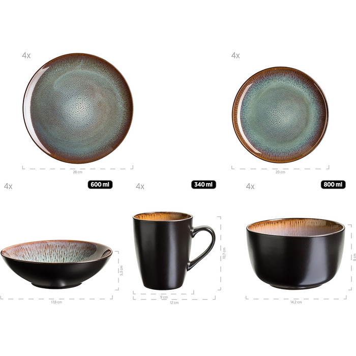 Керамічний набір посуду для 4 персон із зелено-коричневою реактивною глазур'ю, комбінований сервіз із 20 предметів у сучасних стриманих формах купе, набір посуду з кераміки, 934100 Series Teona