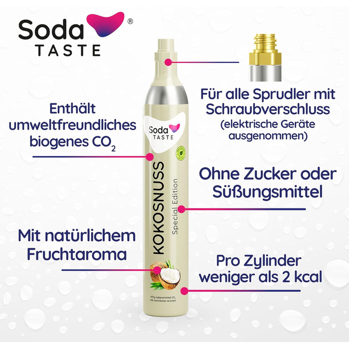 Набір із 2 змінних балонів CO2 SodaTASTE (змінний) для газованок, з натуральним м&39ятним смаком, без сиропу, для приготування до 120 л ароматизованої газованої води, без цукру (УВАГА потрібні 2 порожні балони) (Кокос)