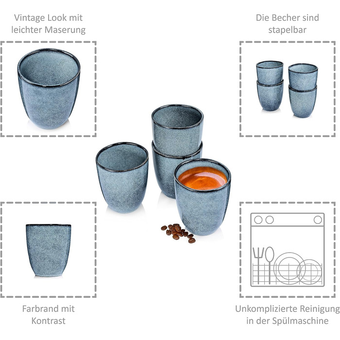 СПІВАЧКА Набір кавових чашок з блюдцем Darwin 8 шт. , Кавовий сервіз Посуд 4 персони, Кам'яна чашка для кави, чаю, какао, Кавова чашка ручної роботи з блюдцем, Сейф для посудомийної машини, Набір кухлів 300 мл (кавова кружка 300 4 шт. )