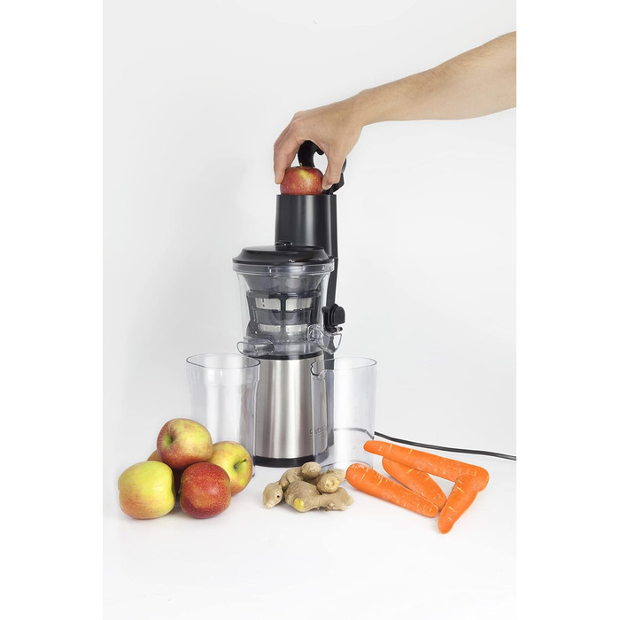 Дизайн повільної соковижималки, результат тесту 'Дуже добре', соковижималка для фруктів, овочів і зелені, великий завантажувальний отвір 75 мм Ø для цілих фруктів, з ситом для соку і сорбету, чорний, нержавіюча сталь, 500 -