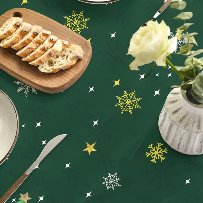 Модна різдвяна скатертина зі сніжинками, ялинками та зірками 140x110 см, зимова стійка до плям скатертина для кухні, декор для вечірки (кругла 140 см, зелена)