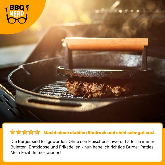 Чавунний прес для м'яса 18 см з дерев'яною ручкою, круглий BBQ Nerd