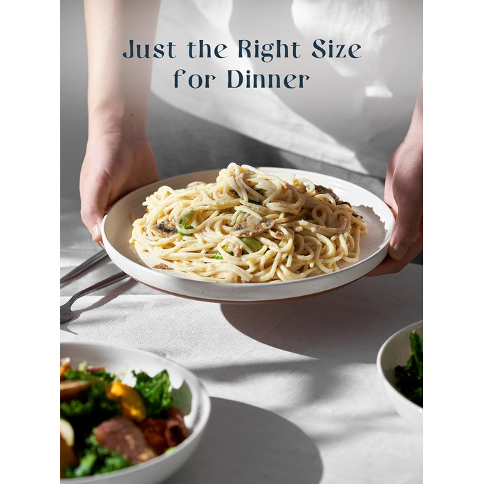 Набір десертних тарілок DOWAN з кераміки, набір керамічних тарілок 6 персон, обідня тарілка порцеляна, обідня тарілка, тарілка для посуду з кераміки, плоска тарілка для сніданку Para Salad, макарони, (26 см, ванільно-біла)