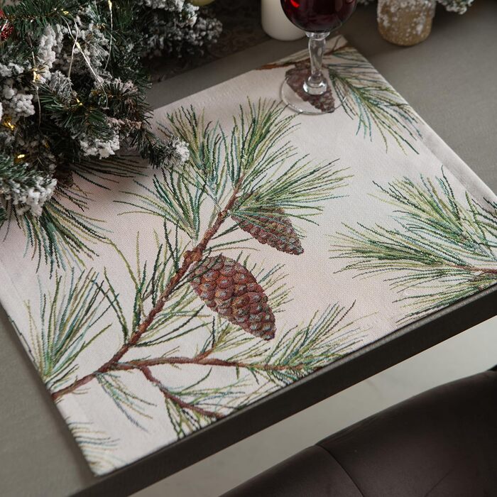 Різдвяна гобеленова скатертина Home of Christmas Скатертина на Різдво та Новий рік (Соснові шишки (без блискіток), серветка 35x45 см)