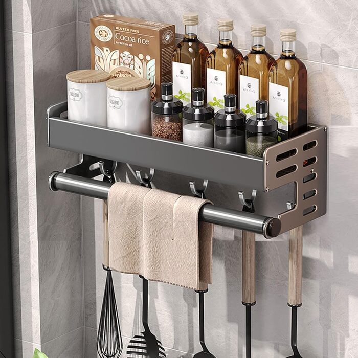 Універсальний настінний тримач для столового приладдя, багатофункціональний органайзер для спецій з гачками, настінна полиця для шпателя, ложки, ножа, органайзер для банок для спецій, 30 см (11,8 дюйма)