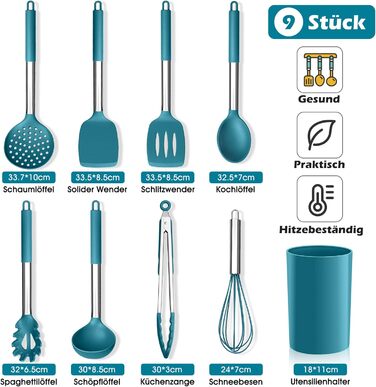 Набор кухонных гаджетов Herogo, 9 предметов силиконовой кухонной утвари, набор кухонных столовых приборов с держателем для посуды, набор шпателей для кухонной утвари с ручкой из нержавеющей стали, термостойкий и антипригарный (синий)