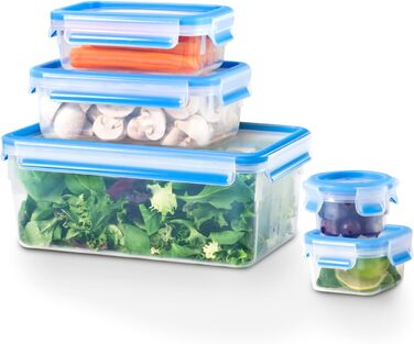 Набір контейнерів для зберігання харчових продуктів EMSA Clip & Close, прямокутні, 5 x 0,8 л, коробки для зберігання, 100 герметичні, придатні для миття в посудомийній машині, морозильної камери та мікрохвильової печі, прозорі, сині, зроблені в Німеччині,