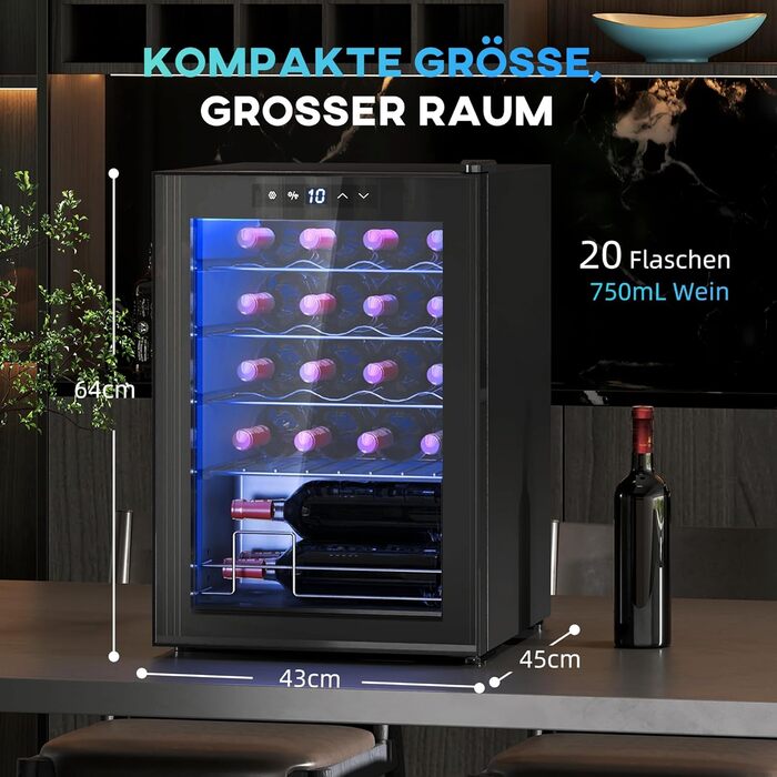 Винний холодильник із внутрішнім підсвічуванням до 20 пляшок чорний HOMCOM