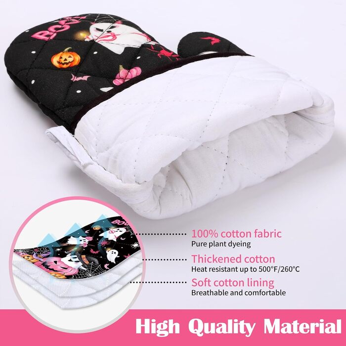 Різдвяний набір із 2 рукавичок для духовки та прихваток Arquiel, 100 бавовняні кулінарні рукавички, термостійкі кухонні рукавички для приготування їжі, різдвяні подарунки на кухню для жінок (Хелловін 01, рукавички для духовки*2 прихватки*2)