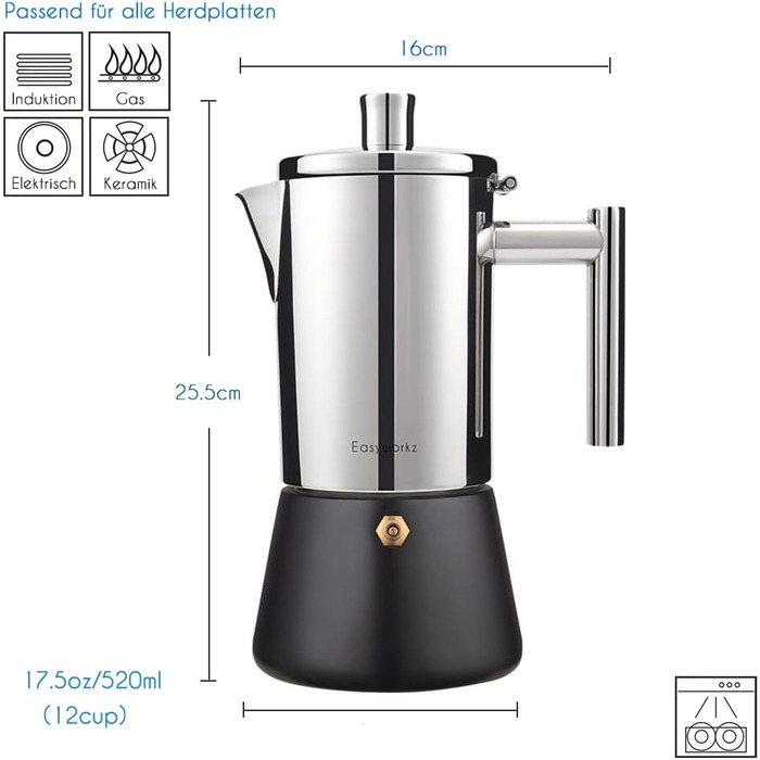 Кавоварка для плити на 12 чашок, 520 мл еспресо, чорна Diego Easyworkz