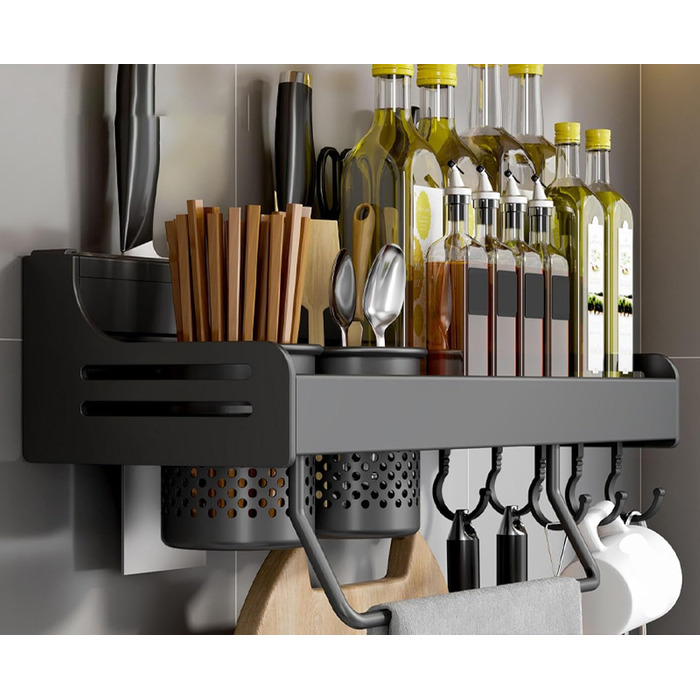 Підвісна підставка для спецій з металу, міцна кухонна полиця, настінна підставка для спецій, органайзер для спецій, кухонний органайзер, підставка для спецій з тримачем для рушників, Daojai, гачки та тримач для столових приборів, сіра, (40 см, чорна)