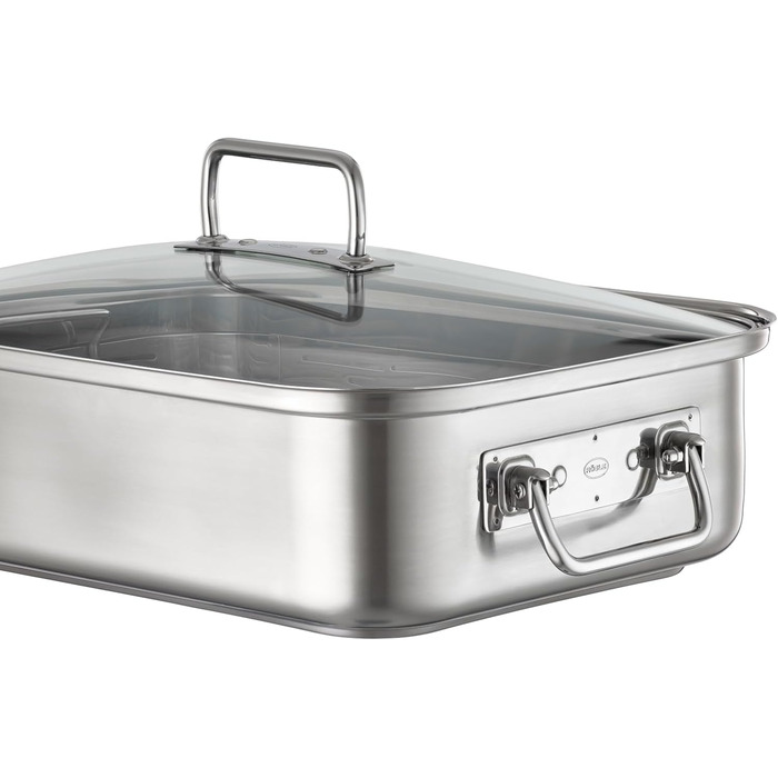 Форма для запікання RSLE EXPERTISO, універсальна ємність для приготування їжі з нержавіючої сталі 18/10, скляна кришка, внутрішня вага, підходить для індукційних плит, можна мити в посудомийній машині, срібляста (38 x 28 см, прямокутна форма для запікання