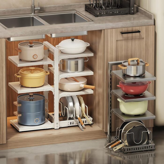 Органайзер для каструль HIMKI для шафи з регульованими відділеннями, тримач для каструль 4/5/7 рівнів, підставка для каструль з тримачем для кришки для кухонної шафи (5 рівнів, білий)