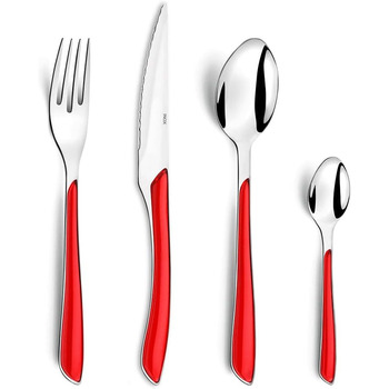 Набор столовых приборов, 24 предмета, набор столовых приборов на 6 человек, коричневые пластиковые ручки под дерево, можно мыть в посудомоечной машине, столовые приборы из нержавеющей стали, светлое дерево (красный)