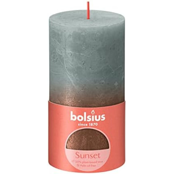 Свічки Bolsius Rustic Pillar - Металеві, що згасають - Рожеві та червоні - Упаковка з 4 шт. - Тривалий час горіння 60 годин - Без запаху - Містить натуральний рослинний віск - Без пальмової олії - 13 x 7 см (13 x 6,8 см, зелені та мідні)