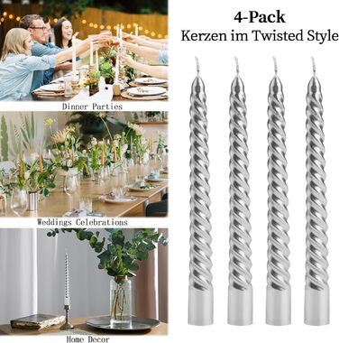 Набір з 4 конічних спіральних свічок 2 x 20 см, сріблястий Bolosa