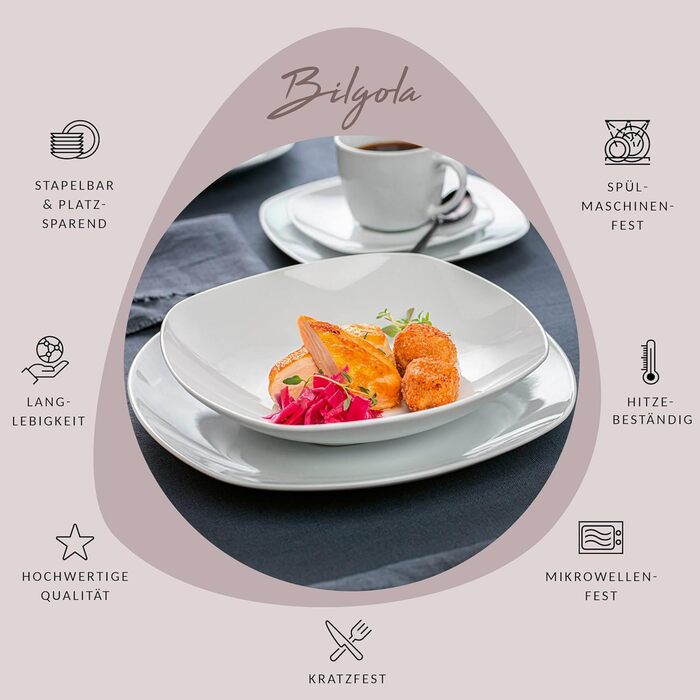 СПІВАЧКА Білий обідній сервіз Bilgola, порцеляновий набір посуду з 30 предметів на 6 персон, набір тарілок округлого дизайну, обідня тарілка (супова тарілка 6 шт. )