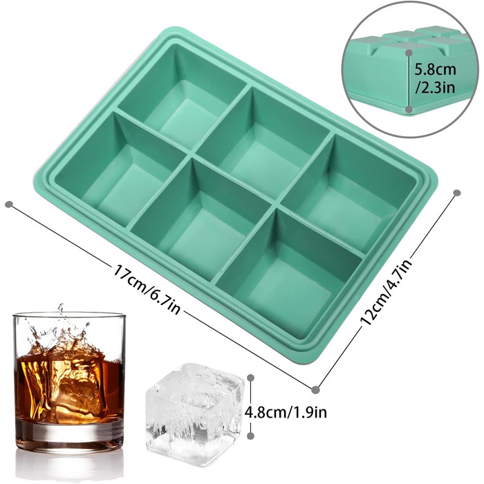 Форма для льоду LessMo XXL, 3-елементна, силіконова форма для льоду на 18 отворів з кришкою, великі кубики льоду 4,8 см, штабельовані та придатні для миття в посудомийній машині, без BPA для пива, коктейлів, віскі (1-мідно-зелена)