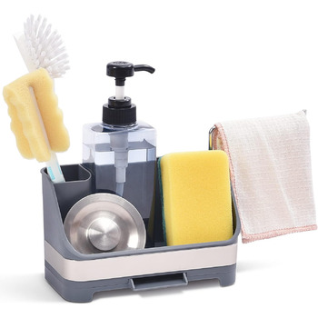 Органайзер для посуду APEXCHASER, дозатор мила з тримачем для губки, органайзер для раковини з нержавіючої сталі, мийка з нержавіючої сталі, кухонний органайзер з дозатором мила, піддон для крапель для кухні
