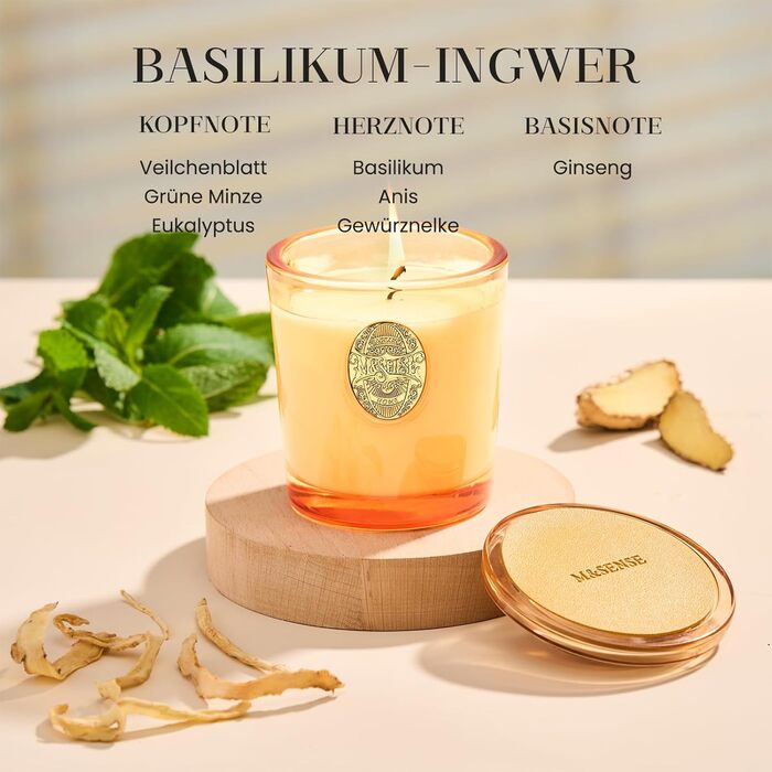 Ароматна свічка M&SENSE &quotЛісова хатина&quot, ароматичні свічки у склянці, натуральна соєва свічка, час горіння 55 годин, подарункові свічки для жінок та чоловіків, подарункова свічка (базилік-імбир, 260 г)