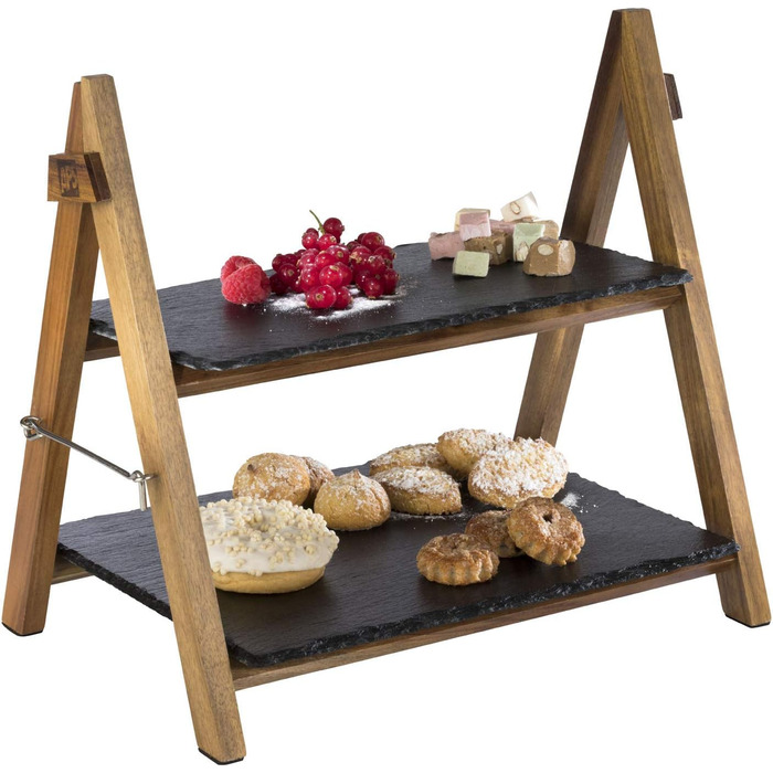 Стійка для сервірування APS/підставка для торта 2-ярусна рама з дерева акації з двома шиферними верхніми частинами розбірна, миється також підходить для холодних страв і для охолодження Підставка для торта 2 яруси - прямокутні